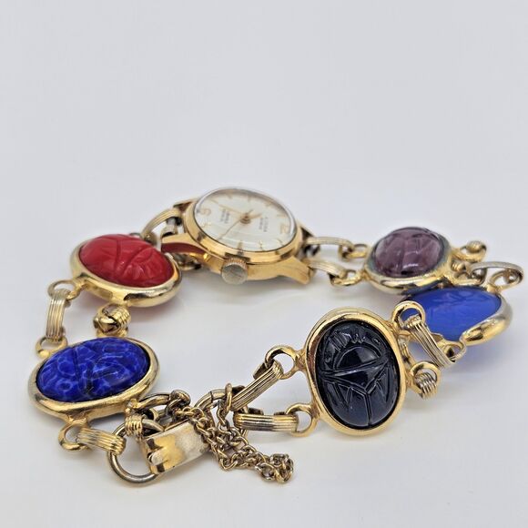 VTG Lusina Geneve 20MM Wind Up Women's Watch 21 Jewels Scarab Band 7" WORKING - Picture 10 of 13